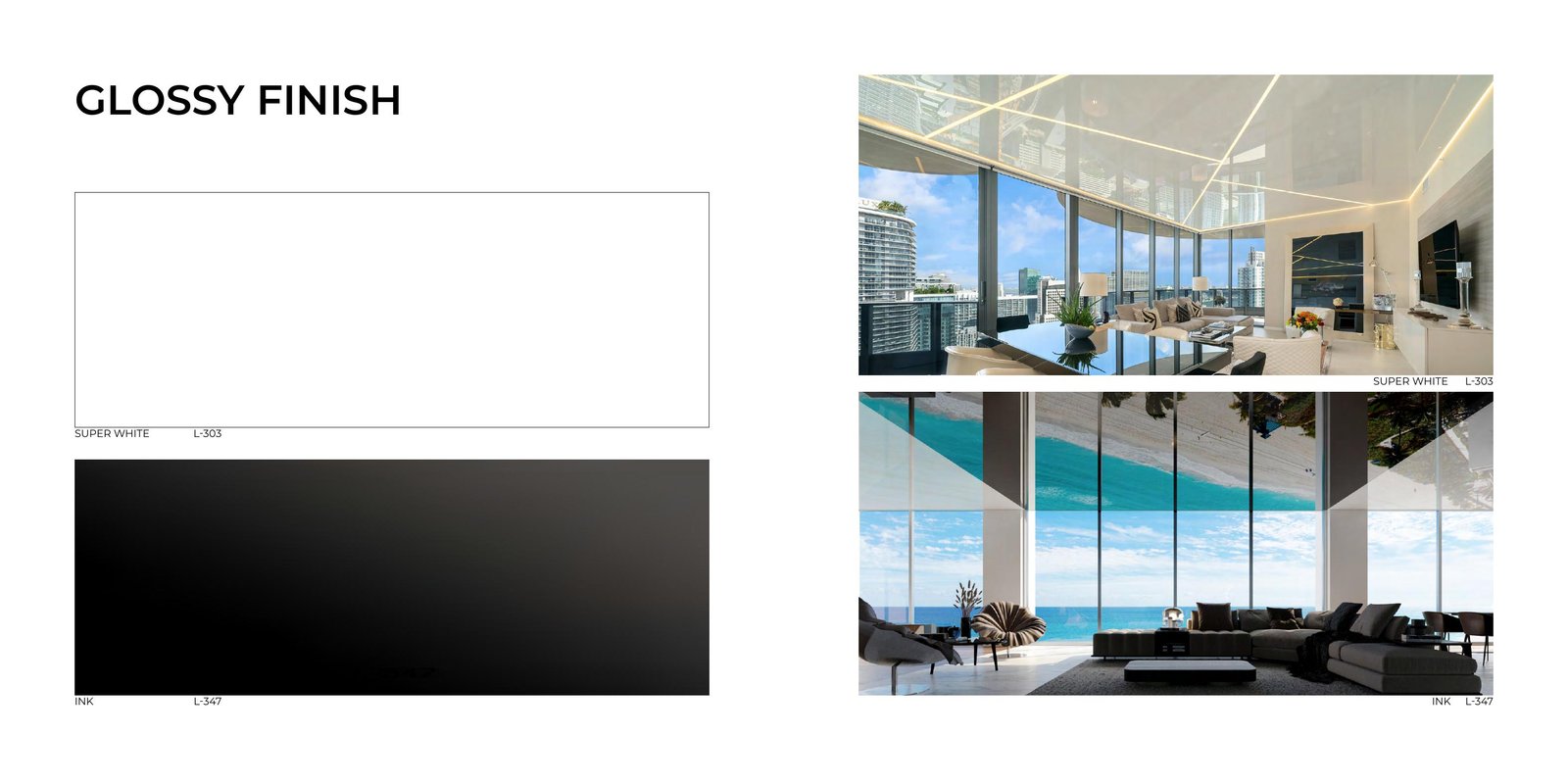 Glossy white and dark stretch ceiling membrane