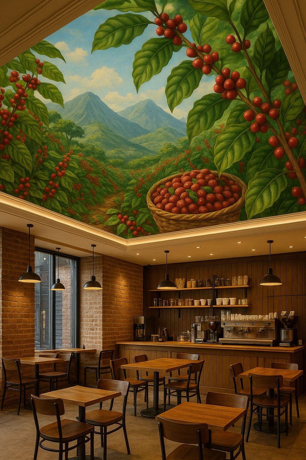 Custom ceiling mural in coffee shop commercial space