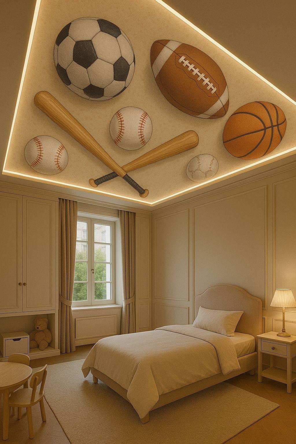 Sports themed ceiling mural in kids bedroom