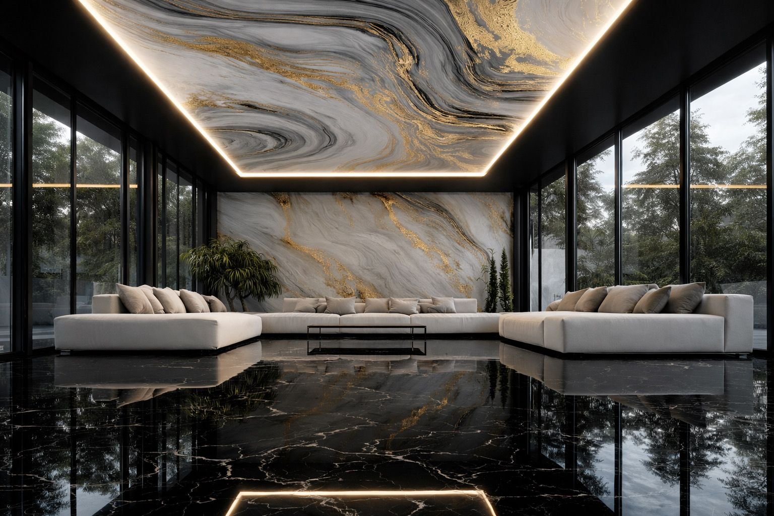 Marble and Gold Ceiling Mural Living Room