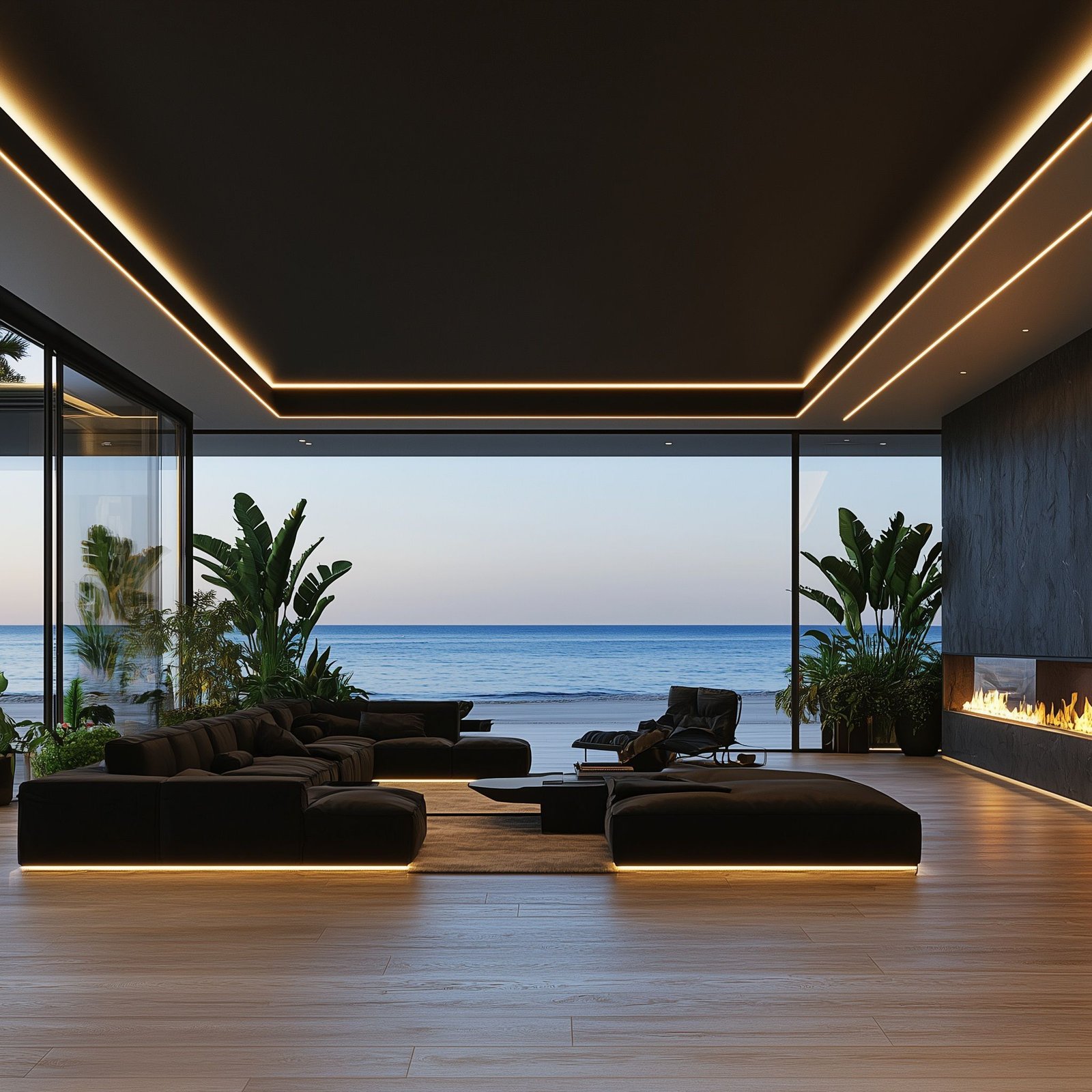 Matte Black Stretch Ceiling Coastal Living Room