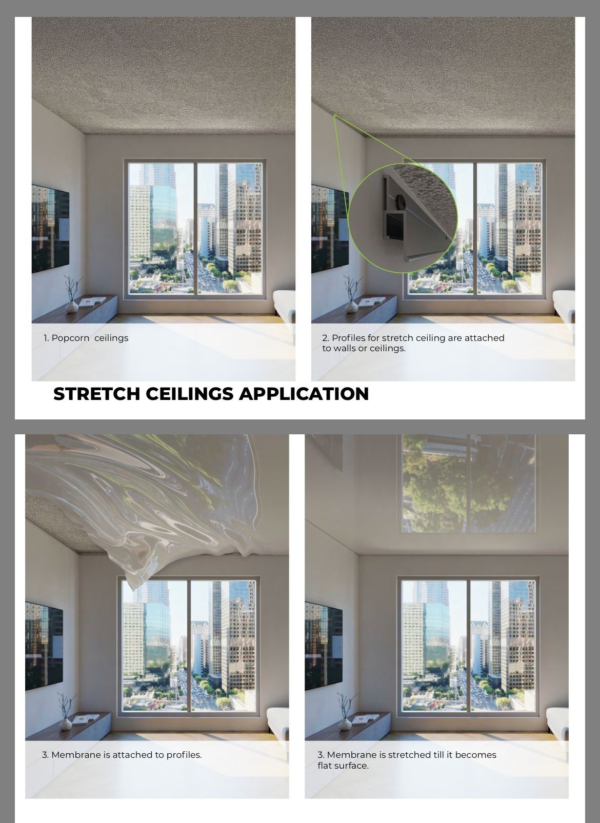 Stretch ceiling application process showing popcorn ceiling transformation to flawless finish